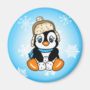 Adorable Hand drawn Penguin with Snowballs Magnet