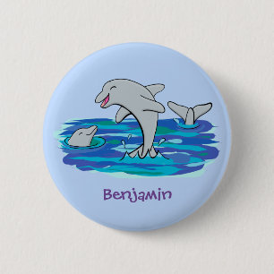 Adorable happy dolphins cartoon illustration 2 inch round button