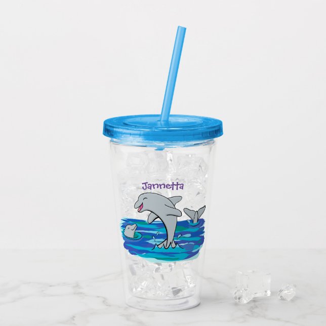 Adorable happy dolphins cartoon illustration acrylic tumbler (Back Ice)