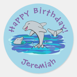 Adorable happy dolphins cartoon illustration classic round sticker
