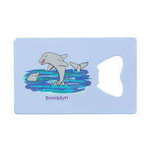 Adorable happy dolphins cartoon illustration credit card bottle opener