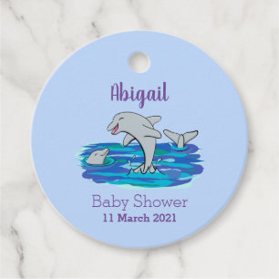Adorable happy dolphins cartoon illustration favour tags