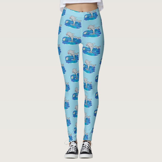Adorable happy dolphins cartoon illustration leggings (Front)