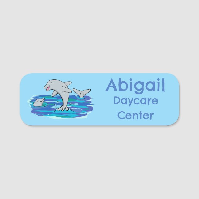 Adorable happy dolphins cartoon illustration name tag (Front)