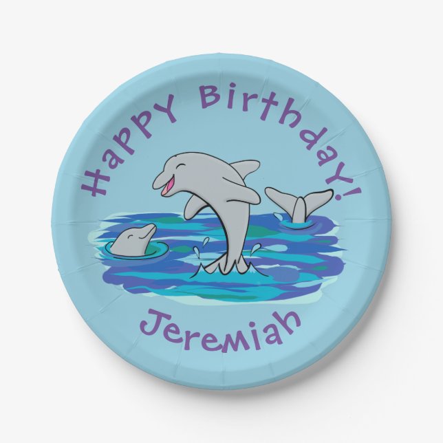 Adorable happy dolphins cartoon illustration paper plate (Front)