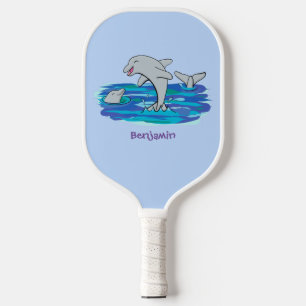 Adorable happy dolphins cartoon illustration pickleball paddle