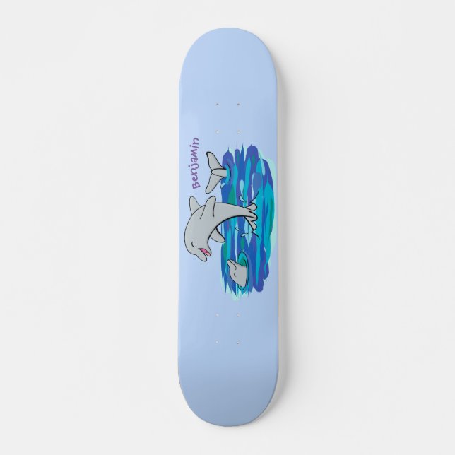 Adorable happy dolphins cartoon illustration skateboard (Front)