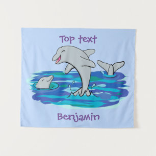 Adorable happy dolphins cartoon illustration tapestry