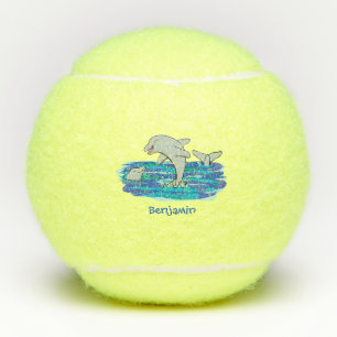 Adorable happy dolphins cartoon illustration tennis balls