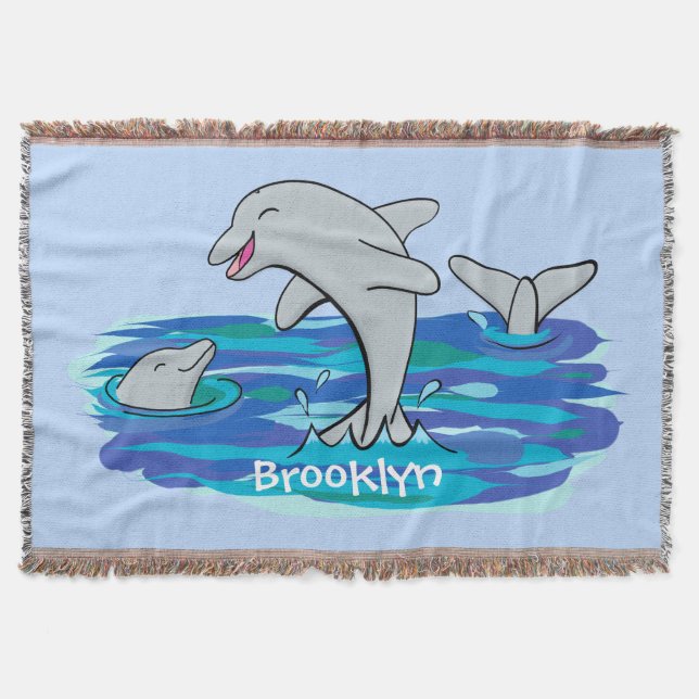 Adorable happy dolphins cartoon illustration throw blanket (Front)