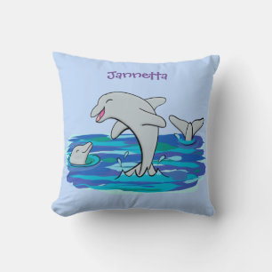 Adorable happy dolphins cartoon illustration throw pillow