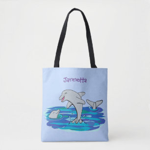 Adorable happy dolphins cartoon illustration tote bag