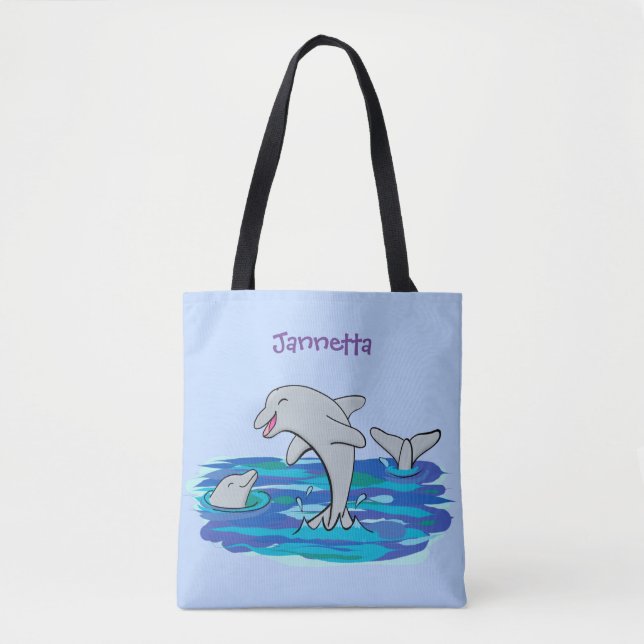 Adorable happy dolphins cartoon illustration tote bag (Front)