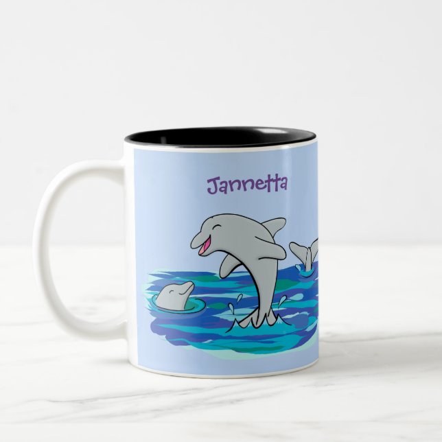 Adorable happy dolphins cartoon illustration Two-Tone coffee mug (Left)