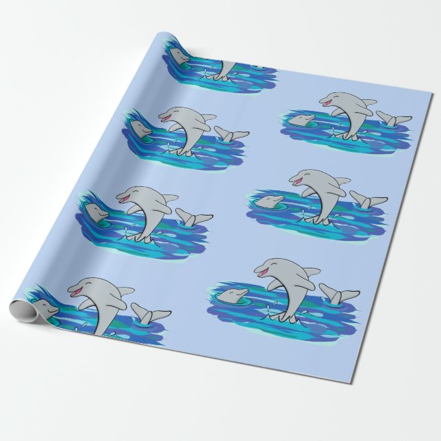 Adorable happy dolphins cartoon illustration wrapping paper (Unrolled)