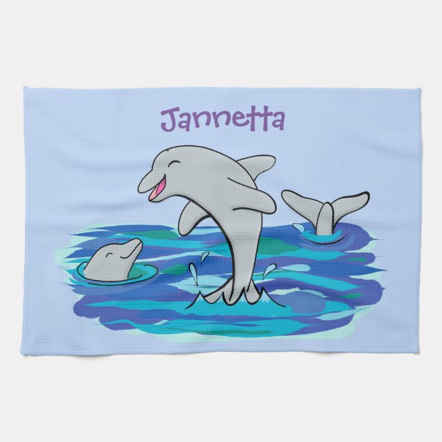 Adorable happy dolphins cartoon personalized kitchen towel (Horizontal)