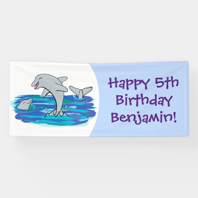 Adorable happy dolphins personalised birthday banner (Horizontal)