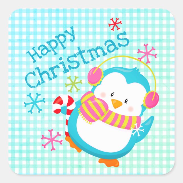 Adorable Happy Penguin Colourful Modern Christmas  Square Sticker (Front)