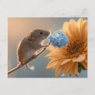 Adorable Harvest Mouse Smelling Blue Forget-Me-Not Holiday Postcard