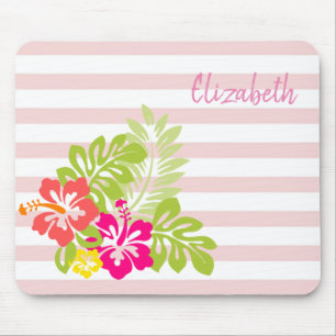 Adorable Hawaiian Hibiskus, Stripes -Personalized Mouse Pad