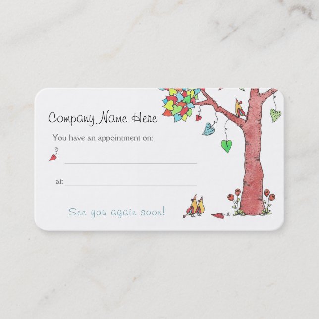 Adorable Heart Tree and Birds Appointment Reminder Business Card (Front)