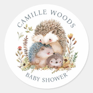 Adorable Hedgehog Family Baby Shower Invitation Classic Round Sticker