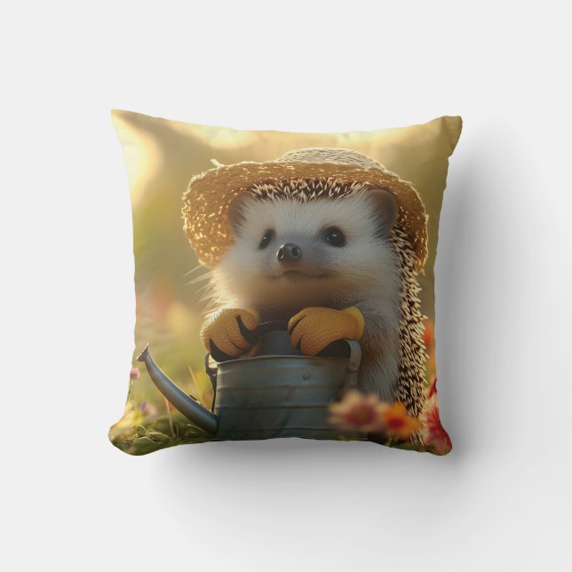 Adorable Hedgehog Gardener in a Flower Field Throw Pillow (Front)