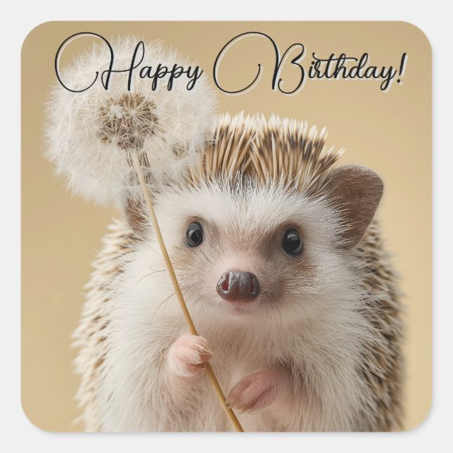 Adorable Hedgehog Holding a Dandelion Square Sticker (Front)