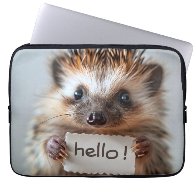 Adorable Hedgehog Holding "Hello!" Sign Laptop Sleeve (Front)
