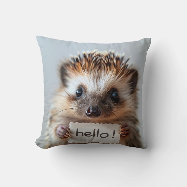 Adorable Hedgehog Holding "Hello!" Sign Throw Pillow (Front)