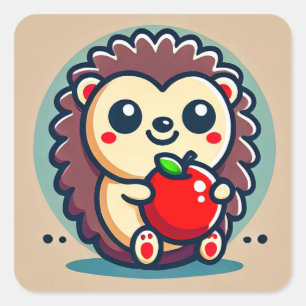 Adorable Hedgehog Holding Red Apple 🦔🍎 Square Sticker