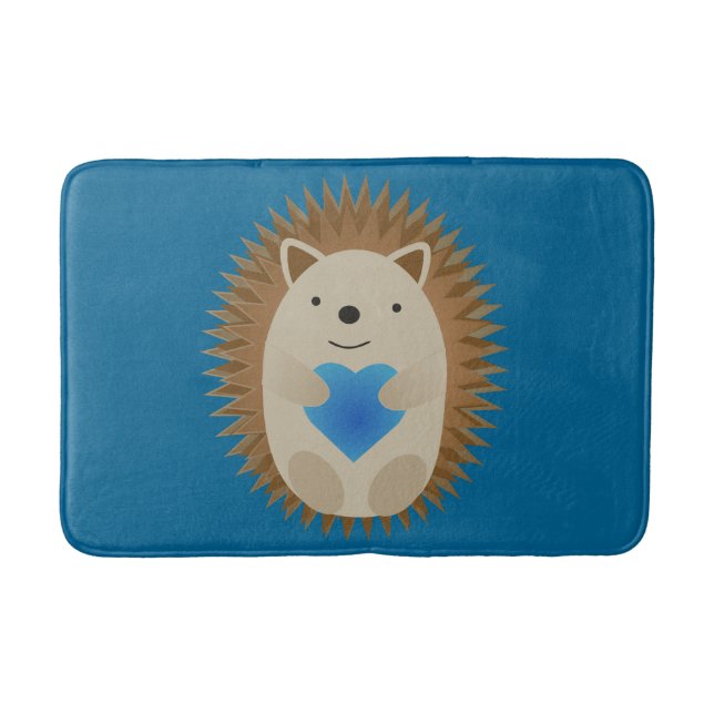 Adorable Hedgehog hugging a Blue Heart Bath Mat (Front)