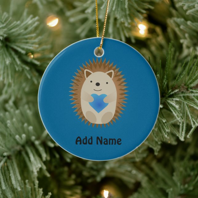Adorable Hedgehog hugging a Blue Heart Ceramic Ornament (Tree)