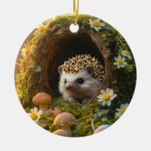 Adorable Hedgehog in Mossy Log Home with Flowers Ceramic Ornament