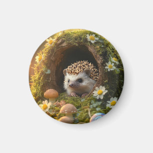 Adorable Hedgehog in Mossy Log Home with Flowers Magnet