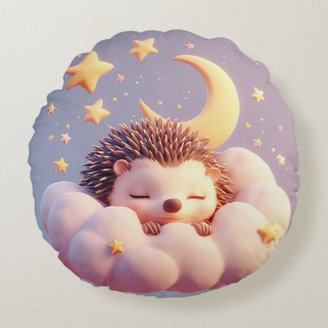 Adorable Hedgehog Sleeping on a Cloud Round Pillow (Front)