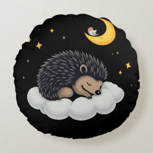 Adorable Hedgehog Sleeping on a Cloud Round Pillow