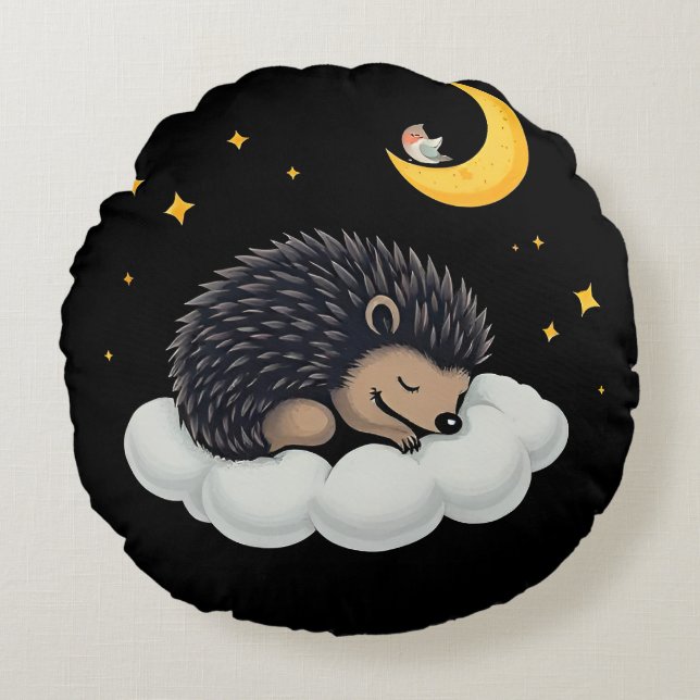 Adorable Hedgehog Sleeping on a Cloud Round Pillow (Front)