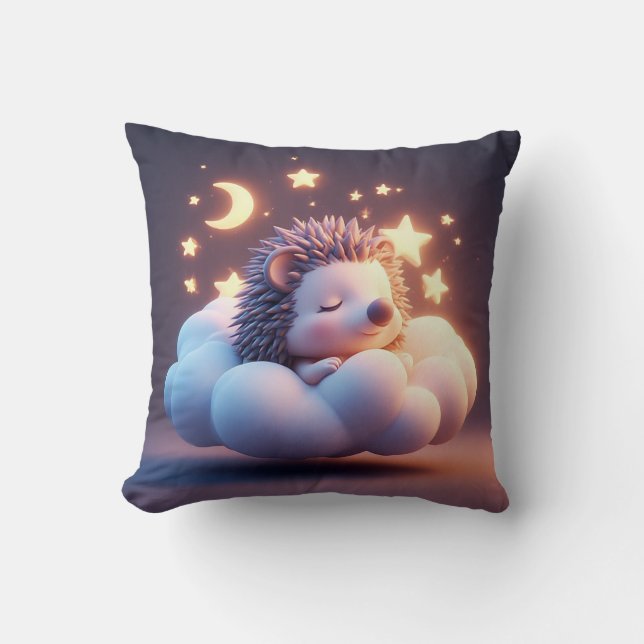 Adorable Hedgehog Sleeping on a Cloud Throw Pillow (Front)