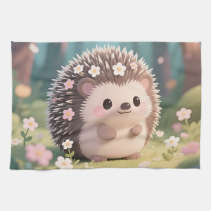 Adorable Hedgehog with Flowers Kawaii Forest Kitchen Towel