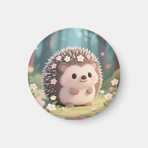Adorable Hedgehog with Flowers Kawaii Forest Magnet