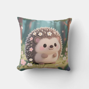 Adorable Hedgehog with Flowers Kawaii Forest Throw Pillow