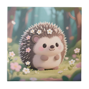 Adorable Hedgehog with Flowers Kawaii Forest Tile