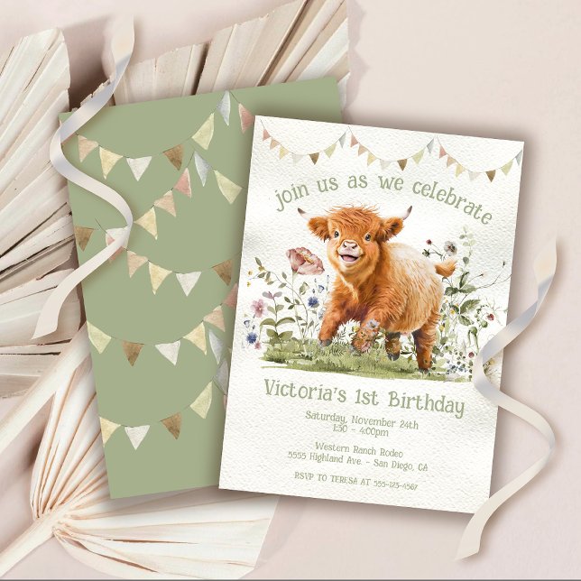 Adorable Highland Cow 1st Birthday Party Invitatio Invitation (Creator Uploaded)