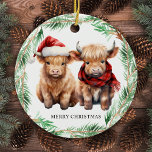 Adorable Highland Cow Calf Farm Merry Christmas Ceramic Ornament<br><div class="desc">This Christmas, send your warmest wishes to your loved ones with our adorable Highland Cow Christmas cards! Featuring a cute trio of a Highland calves, all decked out in festive attire, these cards are sure to bring a smile to anyone's face. Cow wearing a Santa hat and plaid winter scarf,...</div>