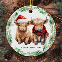 Adorable Highland Cow Calf Farm Merry Christmas 