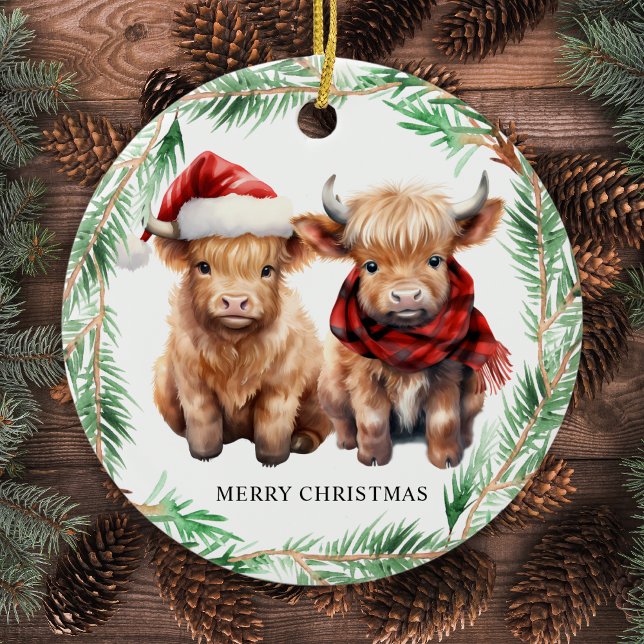 Adorable Highland Cow Calf Farm Merry Christmas  Ceramic Ornament (Creator Uploaded)