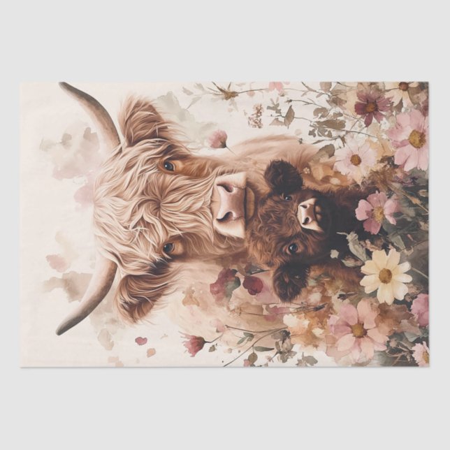 Adorable Highland Cow Calf with Mom Decoupage Tissue Paper (Front)