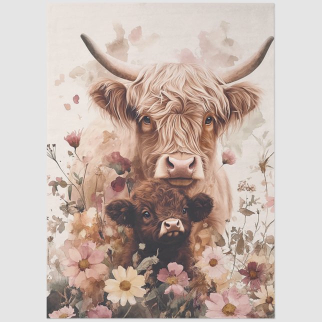 Adorable Highland Cow Calf with Mom Decoupage Tissue Paper (Front)