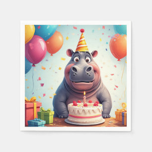 Adorable Hippo Celebrating Birthday with Cake Napkin